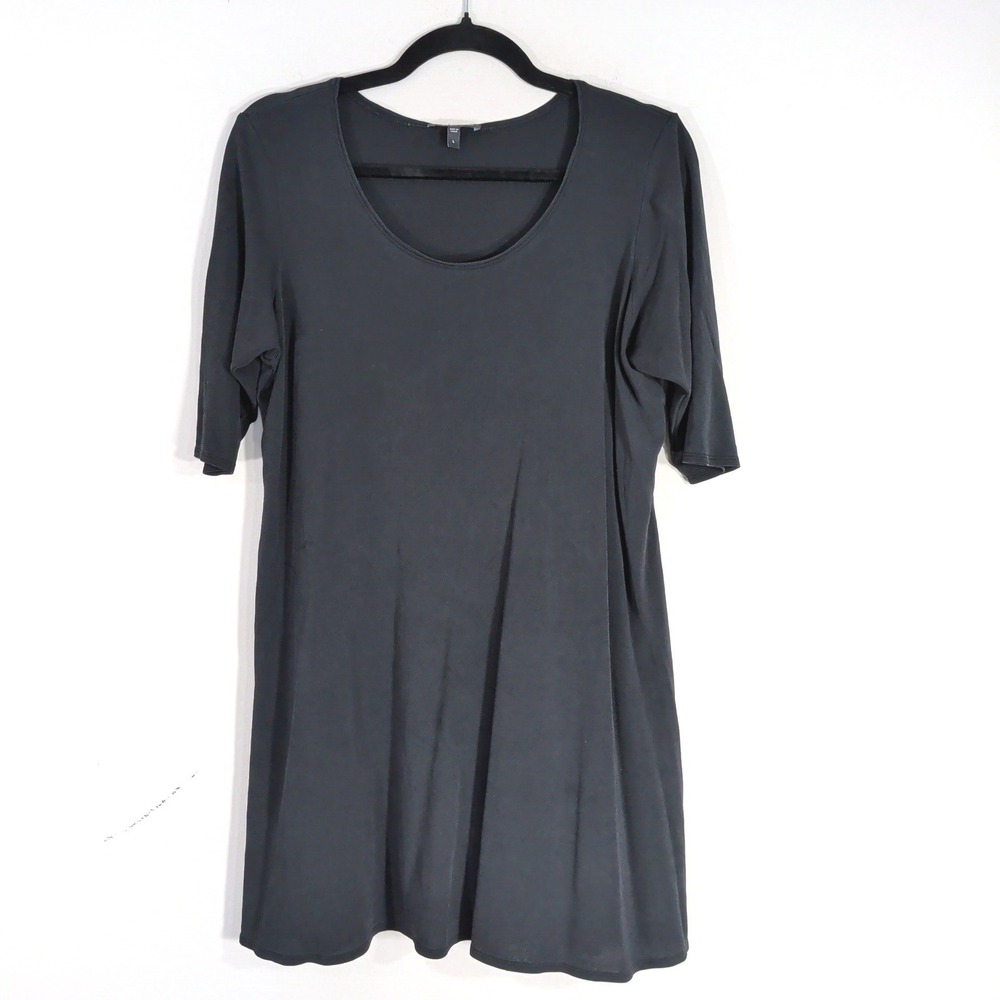 Eileen Fisher Black Silk Tunic Top; Short Sleeve Scoop Neck A-Line